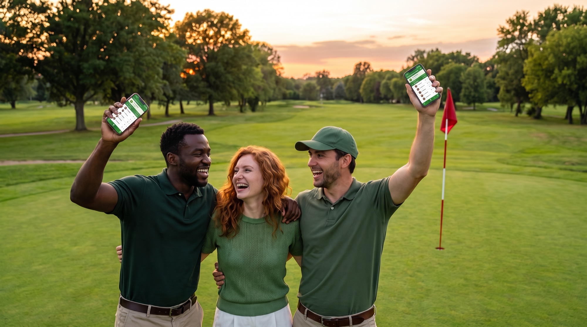 Three friends cheering and holding up their phones on a golf course, competing in a FanSlices fantasy contest.